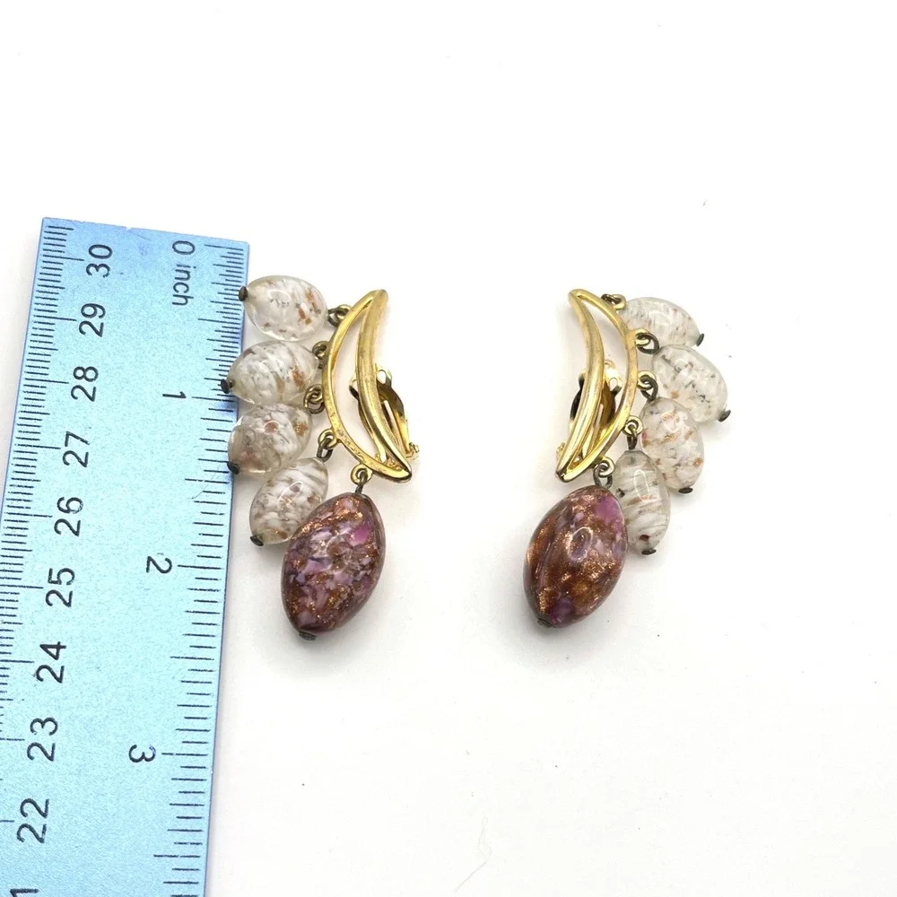 Schiaparelli Vintage Art Glass Clip On Earrings Gold Tone Pink Purple Speckled